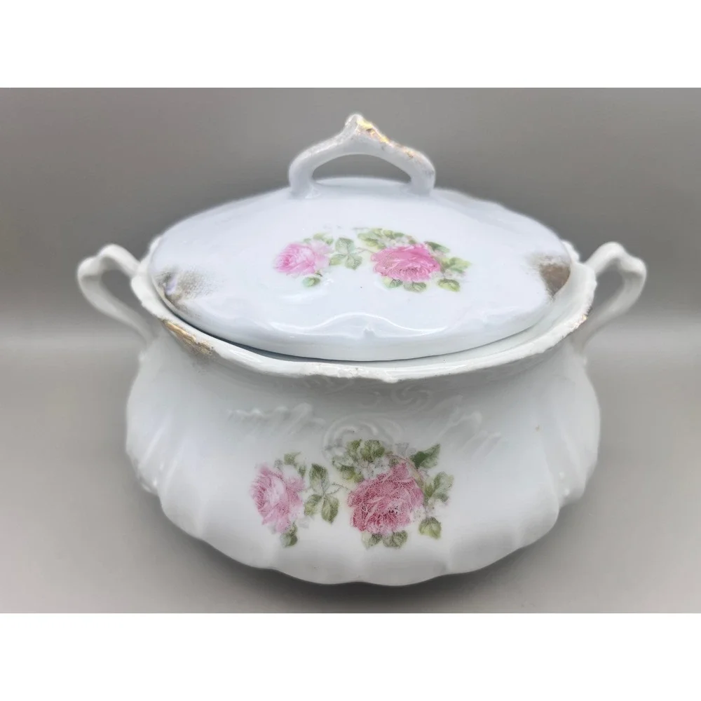 Antique Pink Rose Porcelain Lidded Tureen Bowl Victorian Floral Gold‎ 5.5